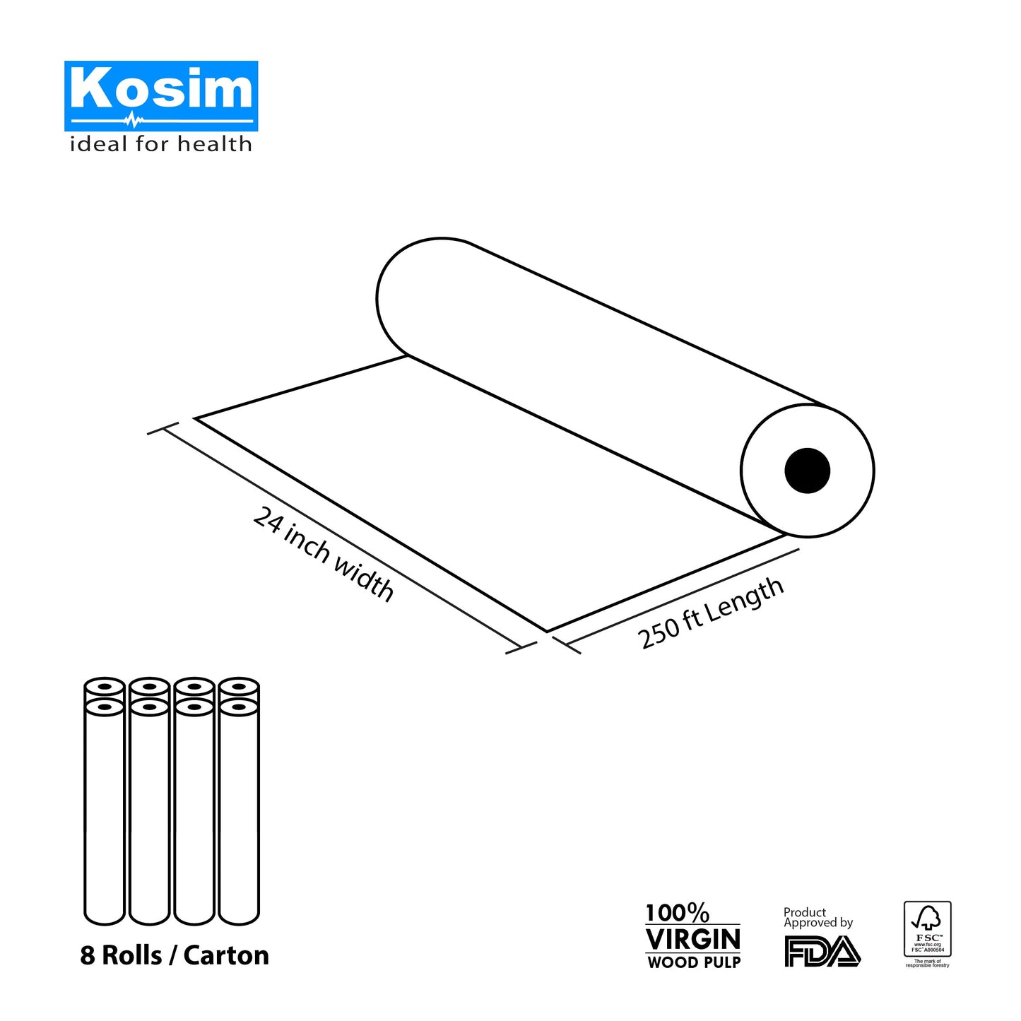 Box of 24" x 250 Ft Premium Smooth Paper Roll for Massage Table (8 Rolls/Box)